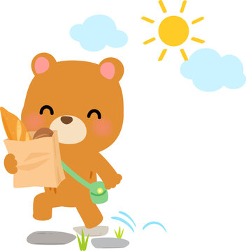 パンが入った紙袋を抱えてスキップするクマのキャラクター