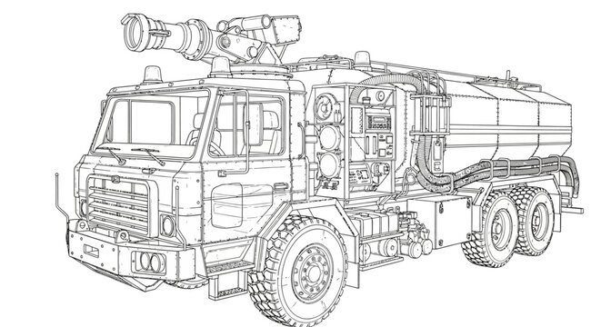 Detailed technical drawing of a large fire fighting water tender truck, showcasing its complex machinery and components.