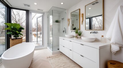 Fototapeta premium Bright bathroom interior with bathtub and plants, modern home design, relaxation and wellness concept, cozy living space.