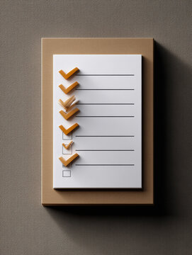 Checklist paper sheet orange tick mark minimal vertical shadow textured background organized modern clean concept planning task reminder note