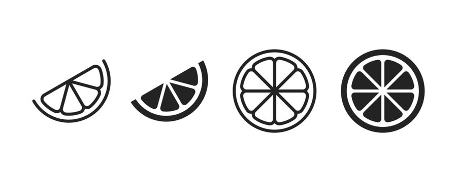 Citrus fruit slice icons. Orange slice shape set. Lemon and lime icon. Citrus symbol collection. Citrus fruit, whole, half, and pieces. Vector illustration