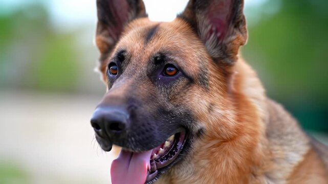 Close-up portrait video of a German Shepherd with rich brown and black fur, erect ears, and deep dark eyes, gently panting against a soft bokeh background. Concept of canine loyalty