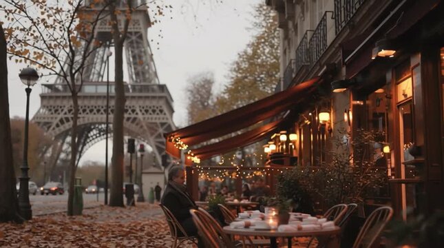 Cafes set along the street with outdoor seating and the Eiffel Tower in the background during autumn in Paris