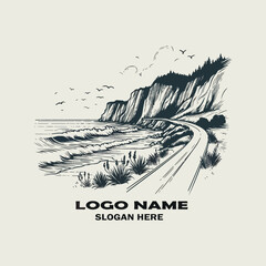 Minimal coastal cliff road scenery in ink sketch style, hand-drawn vector illustration with clean linework and simple composition © mesbahul