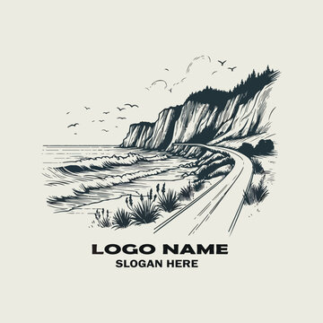 Minimal coastal cliff road scenery in ink sketch style, hand-drawn vector illustration with clean linework and simple composition