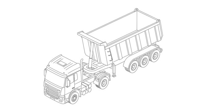 Isometric line drawing of a large dump truck with its trailer raised, showcasing its industrial design and functionality.