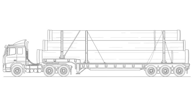 Detailed line drawing of a semi-trailer truck carrying a long load of pipes, showcasing its mechanical components and cargo securing system.
