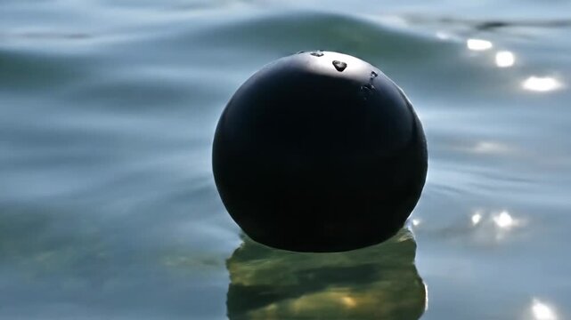 Black ball floating water surface reflecting sunlight highlights water scarcity climate adaptation and floating black buoy concept