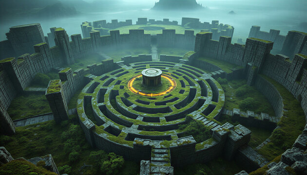 Ancient stone labyrinth in misty environment with vibrant overgrown greenery