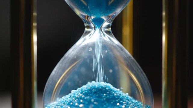 Water scarcity and climate adaptation urgency shown by blue sand flowing through hourglass glass symbolizing limited time