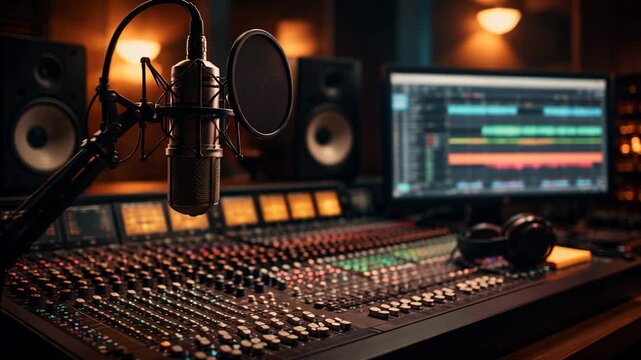 Professional music studio with microphone mixer and screen audio production setup modern recording room