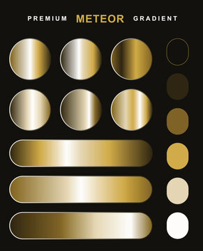 Premium gold metallic gradient design element set. Features shiny circles and rounded rectangle buttons on a black background. Includes color palette swatches.