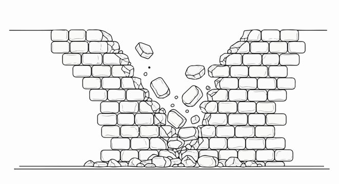 A collapsing brick wall with falling debris and rubble