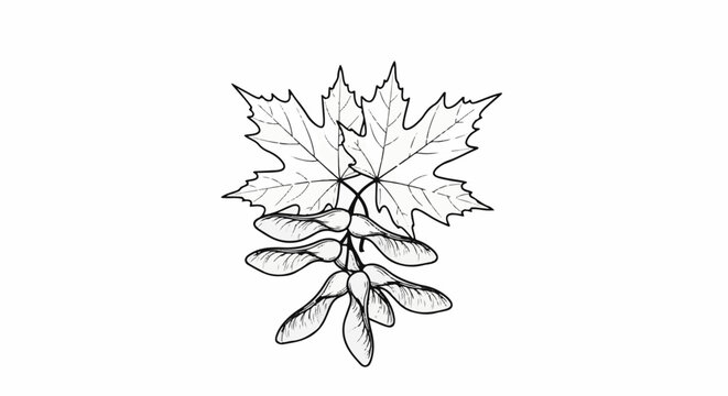Detailed line drawing of two maple leaves with a cluster of winged seeds