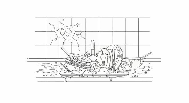Dirty dishes piled in a sink with a cracked tiled backsplash