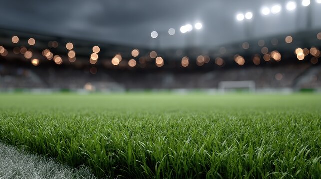 Football field grass close up with stadium lights, sports background, competition concept, green turf texture.