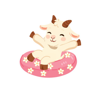 adorable goat floating on pink floral ring summer vacation cute character design