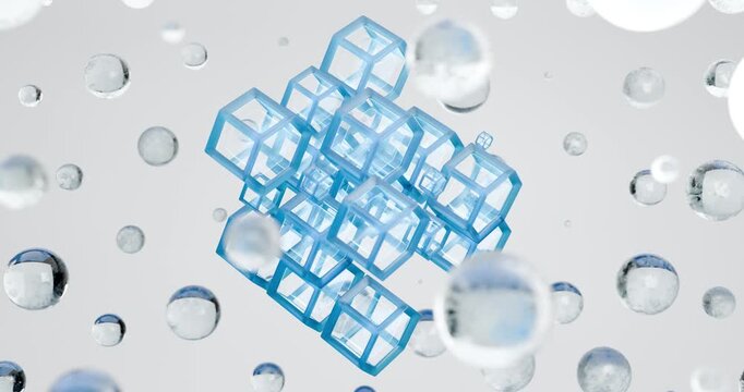3d complex three-dimensional lattice structure of hexagonal cells in blue color. Modern metamaterial or high-tech filter. Realistic water droplets of different sizes hover around the structure. The cl