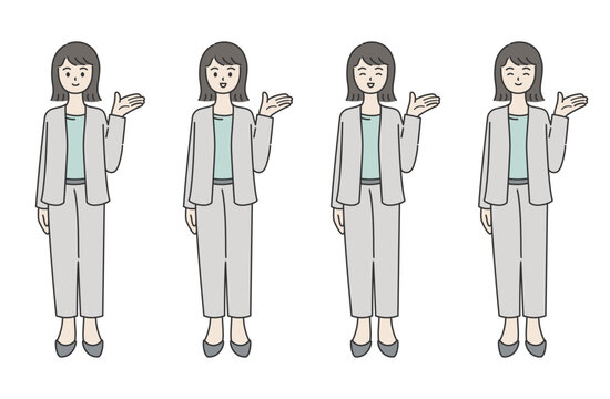 スーツ姿で手を掲げて案内する女性の全身イラスト 表情違い4点セット フラットデザイン ビジネス