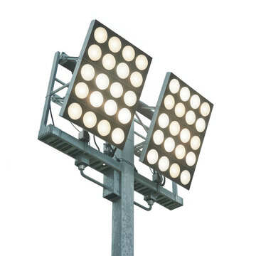 Large industrial led floodlight tower for stadium lighting isolated on a white background