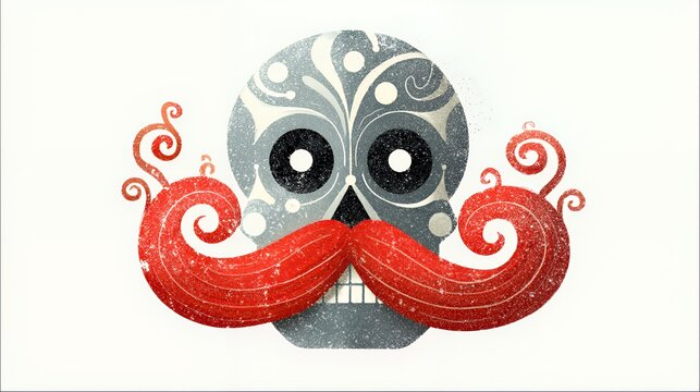 Crimson Swirl Mustache: Ornate Gray Sugar Skull Art