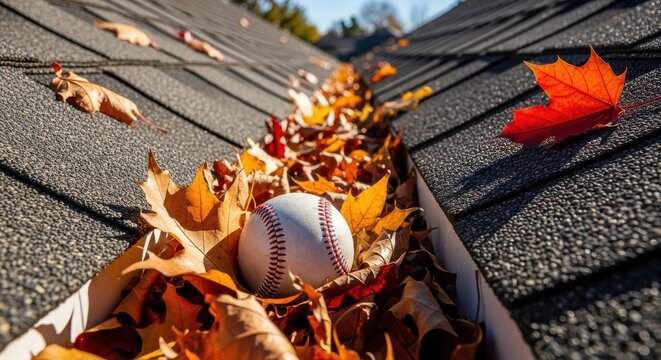 Baseball in clogged roof gutter filled with autumn leaves