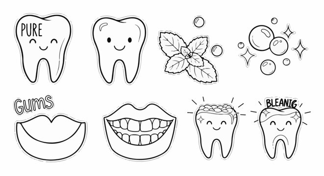 Cute cartoon teeth, lips, mint leaves, and bubbles for dental hygiene
