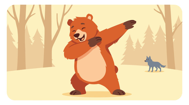 Happy cartoon bear dances in a warm forest while a small wolf watches, creating a playful woodland scene about joy, friendship, and funny animal behavior