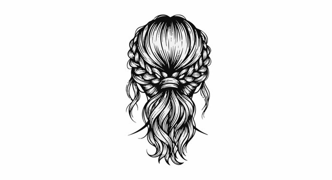 Elaborate braid and ponytail hairstyle, hand-drawn black ink illustration