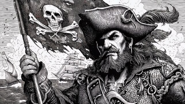 Blackbeard's Legacy: Pirate Captain with Jolly Roger Flag Engraving