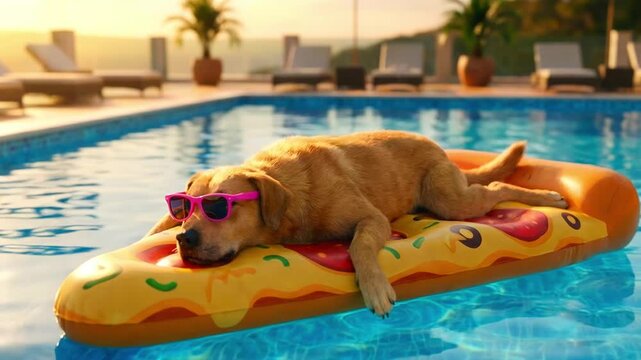Golden retriever dog with sunglasses relaxing on a pizza float in a swimming pool, summer vacation and pet lifestyle concept