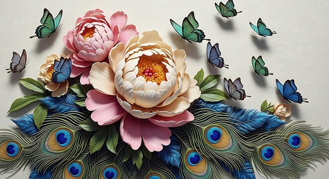 3D floral wallpaper with peony flowers, butterflies, and peacock feathers