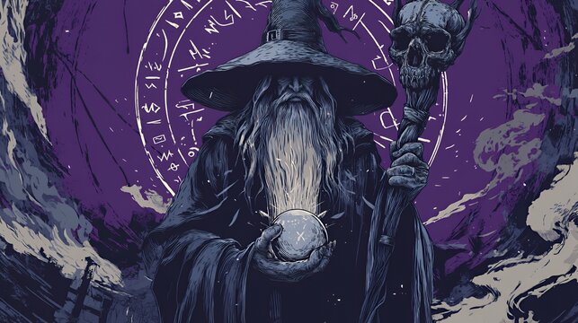 Mystic Seer: Wizard with Crystal Orb and Skull Staff in Occult Circle