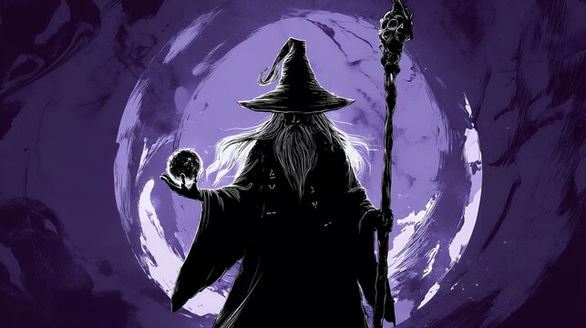 Lunar Seer: Shadowed Wizard with Crystal Orb and Skull Staff Art