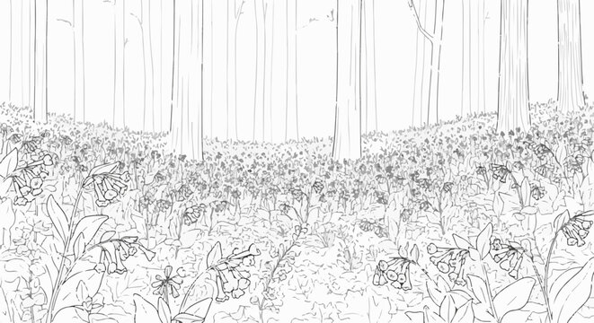 A delicate sketch of bluebells blooming in a sun-dappled forest clearing