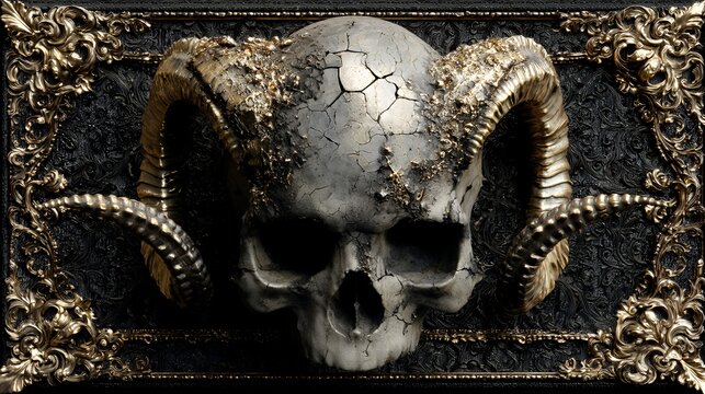 Gilded Horned Skull: Ornate Black Frame Gothic Art