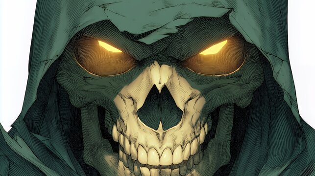Hooded Reaper: Glowing Eyes Skeleton Illustration Art