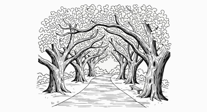 A picturesque paved path winds through a grove of majestic, gnarled trees