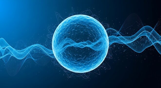 Glowing blue sphere with dynamic waveform lines on dark background