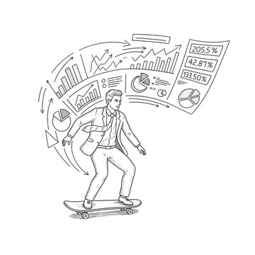 Businessman rides a skateboard while interacting with floating digital financial data charts in a conceptual illustration.