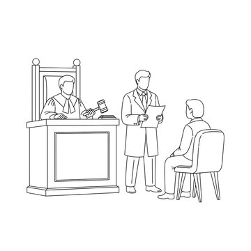 Judge presides over a courtroom setting while a professional presents documentation to the court in a legal illustration.