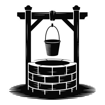 Vintage wooden well with bucket and stone base black and white silhouette high quality