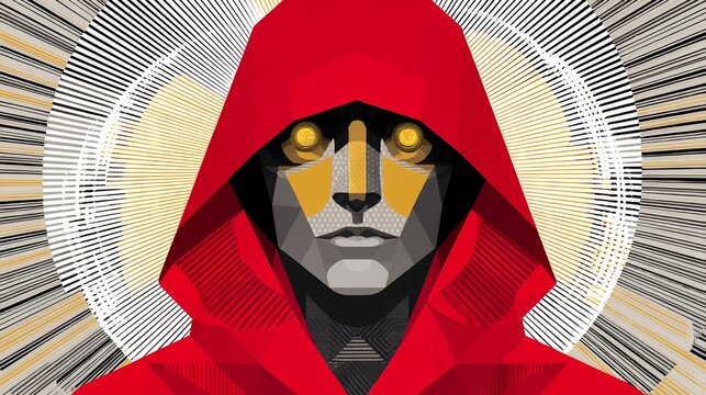 Red Hooded Enigma: Geometric Mask with Golden Eyes Art
