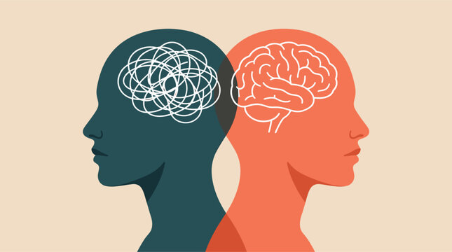 Two overlapping human profiles show a tangled mind and clear brain, symbolizing mental health contrast, confusion, clarity, psychology, and thought