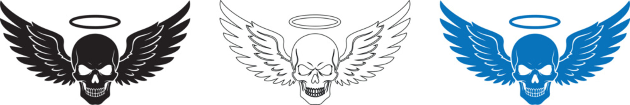 Black skull with angel wings halo.