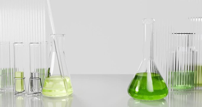 3d laboratory composition symmetrically arranged chemical glassware filled with liquids of green and yellow shades.  The background is neutral and light, which emphasizes the cleanliness and sterility