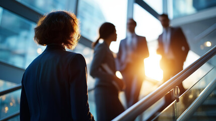 Naklejka premium Cinematic wide back view of silhouetted professional figures standing on a bright softly defocused modern office staircase mid conversation staircase meeting office discussion