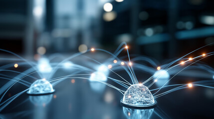 Floating hologram composition of glowing AI integration nodes connected by light streams across a clean bright technology backdrop AI integration digital ecosystem smart