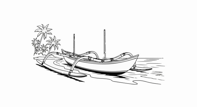A black and white illustration of a double-hulled outrigger canoe resting on a sandy beach near palm trees