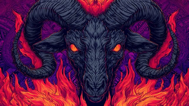 Infernal Ram: Flaming Horned Beast with Crimson Eyes Art